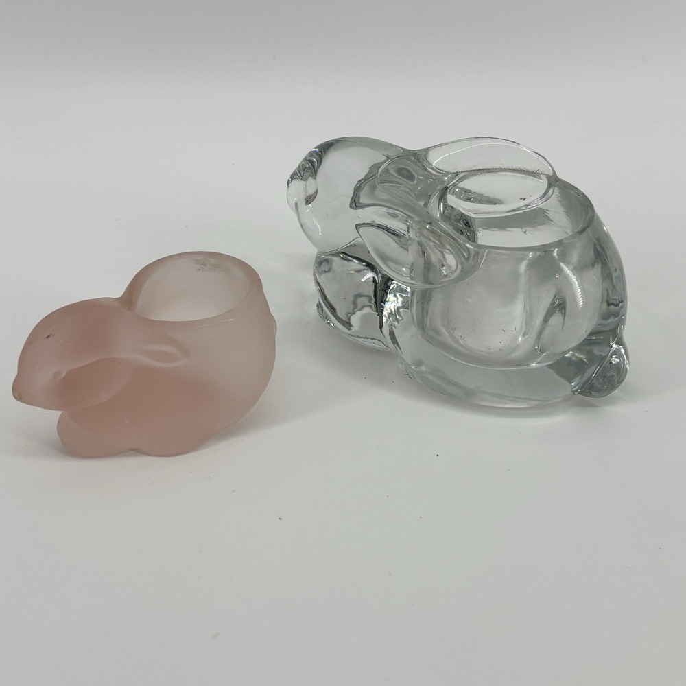 2 Vintage Indiana Glass Bunny Rabbit Votive Candle Holder Pink Satin & Clear‎